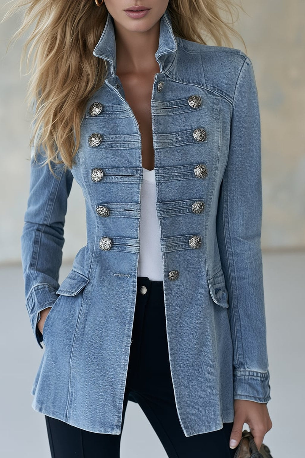 Denim Jacket Military Style with Double-Row Buttons - 2