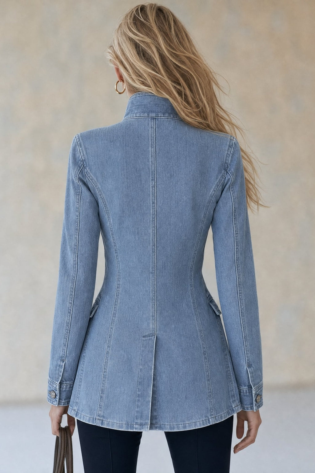 Denim Jacket Military Style with Double-Row Buttons - 5