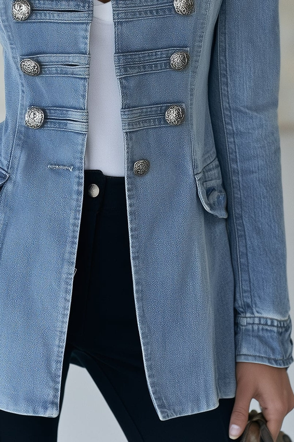 Denim Jacket Military Style with Double-Row Buttons - 4