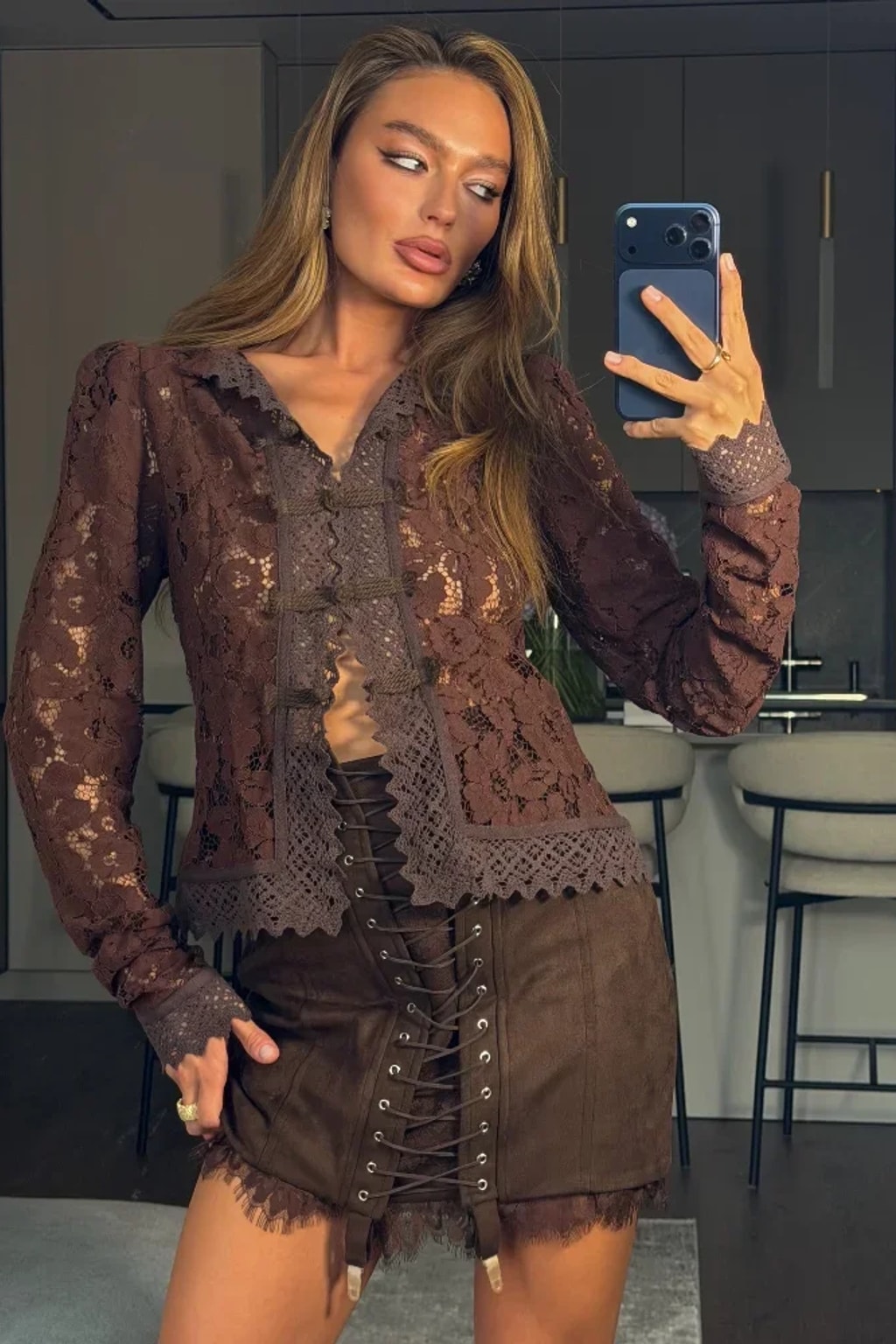 Lace Blouse Cropped Lapel Shirt with Scalloped Edge - 2