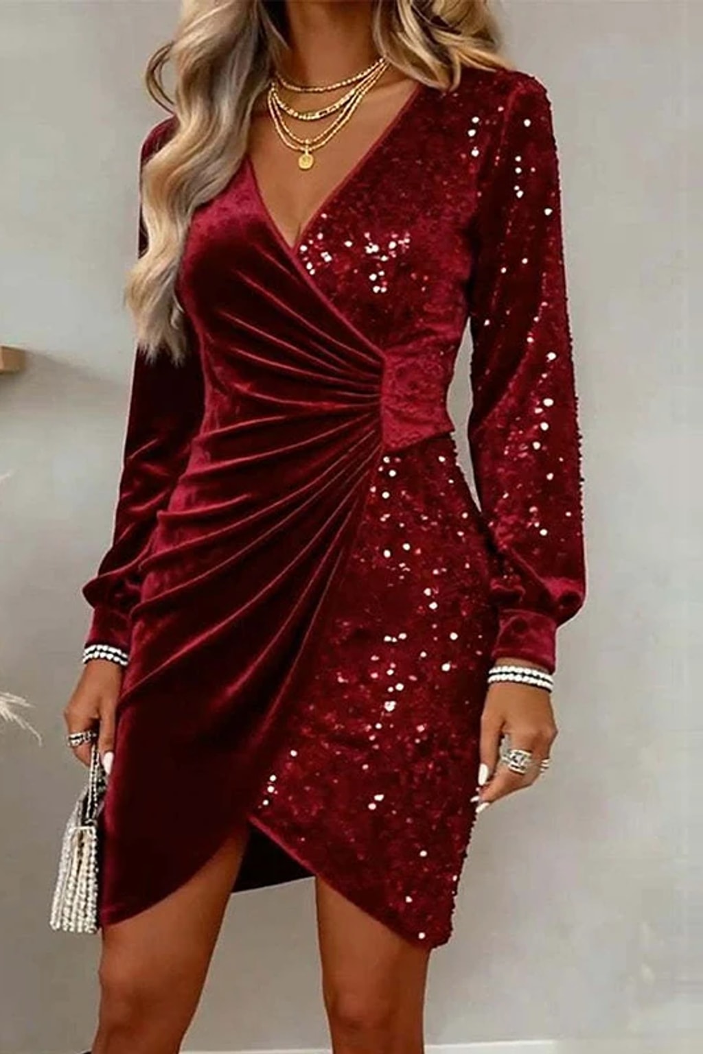 Synthetic Sequin Party Dress V Neck Long Sleeve - 4