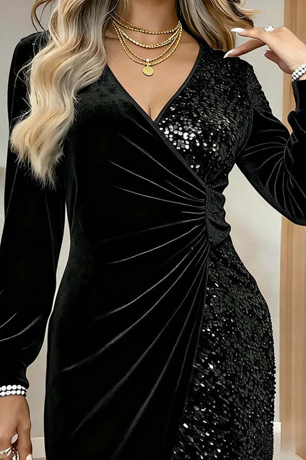 Synthetic Sequin Party Dress V Neck Long Sleeve - 7