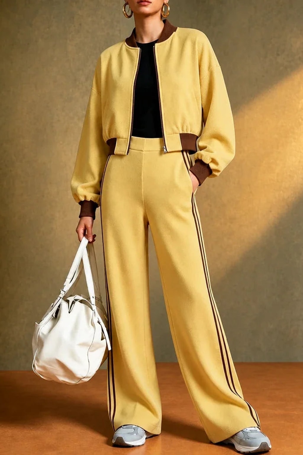 Polyester Pant Set Cropped Bomber Matching Two-Piece Outfit - 5