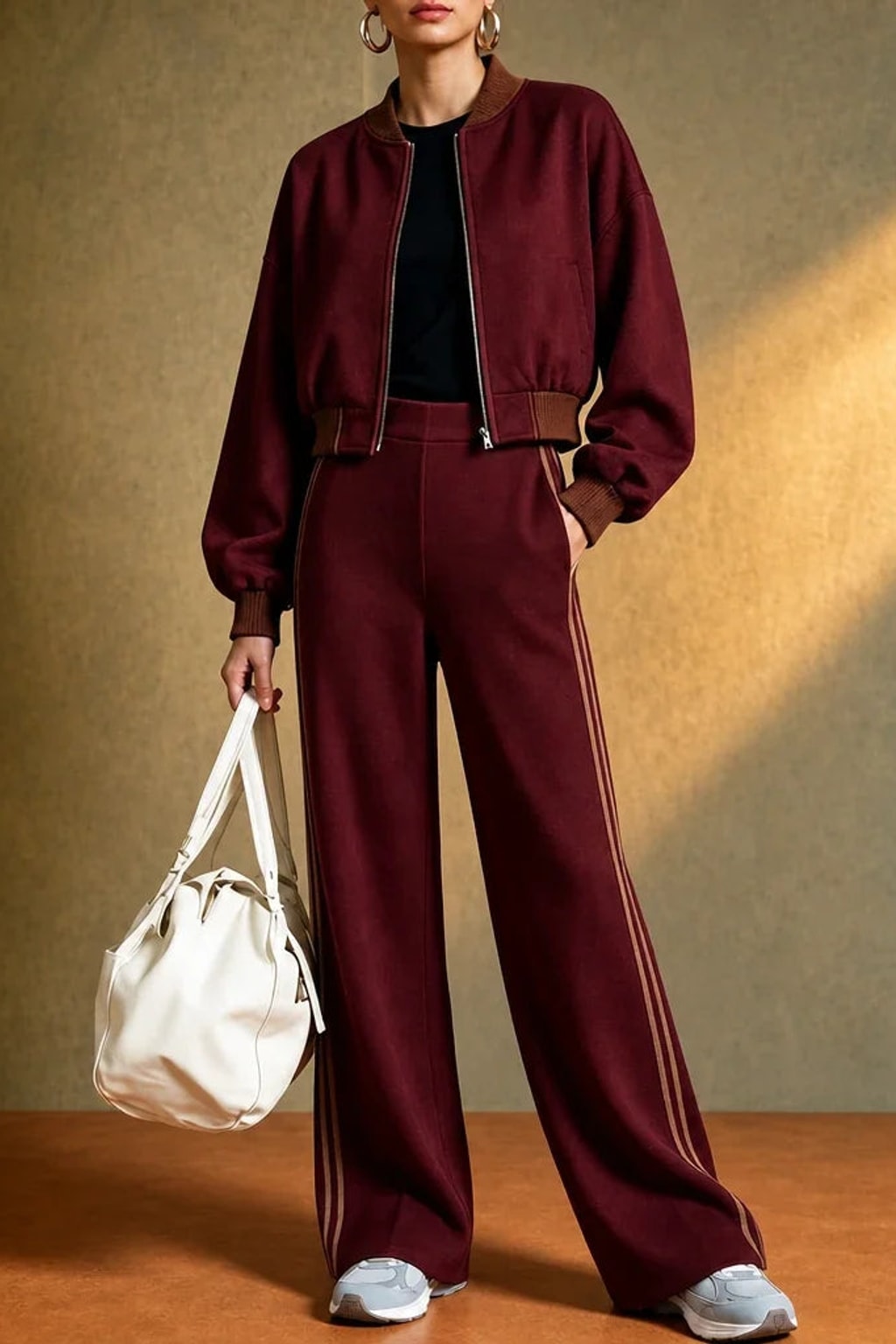 Polyester Pant Set Cropped Bomber Matching Two-Piece Outfit - 6