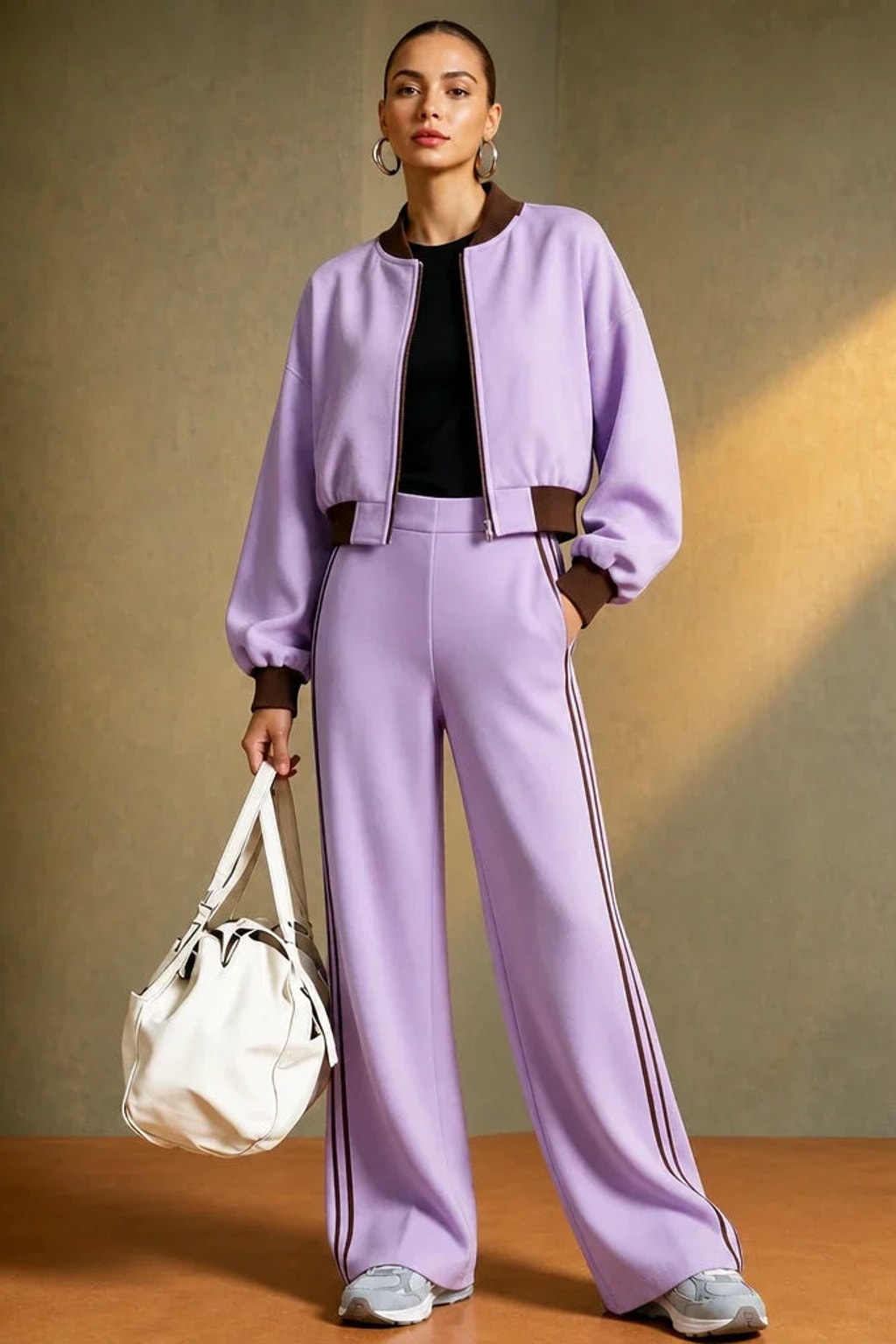 Polyester Pant Set Cropped Bomber Matching Two-Piece Outfit - 7