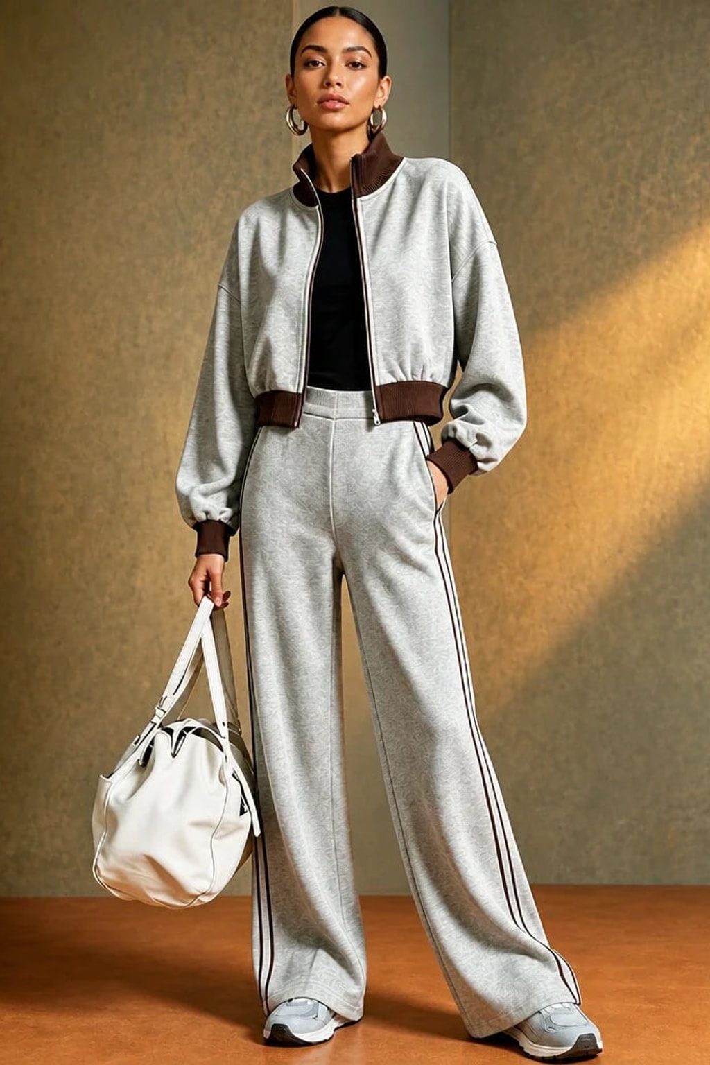 Polyester Pant Set Cropped Bomber Matching Two-Piece Outfit - 10
