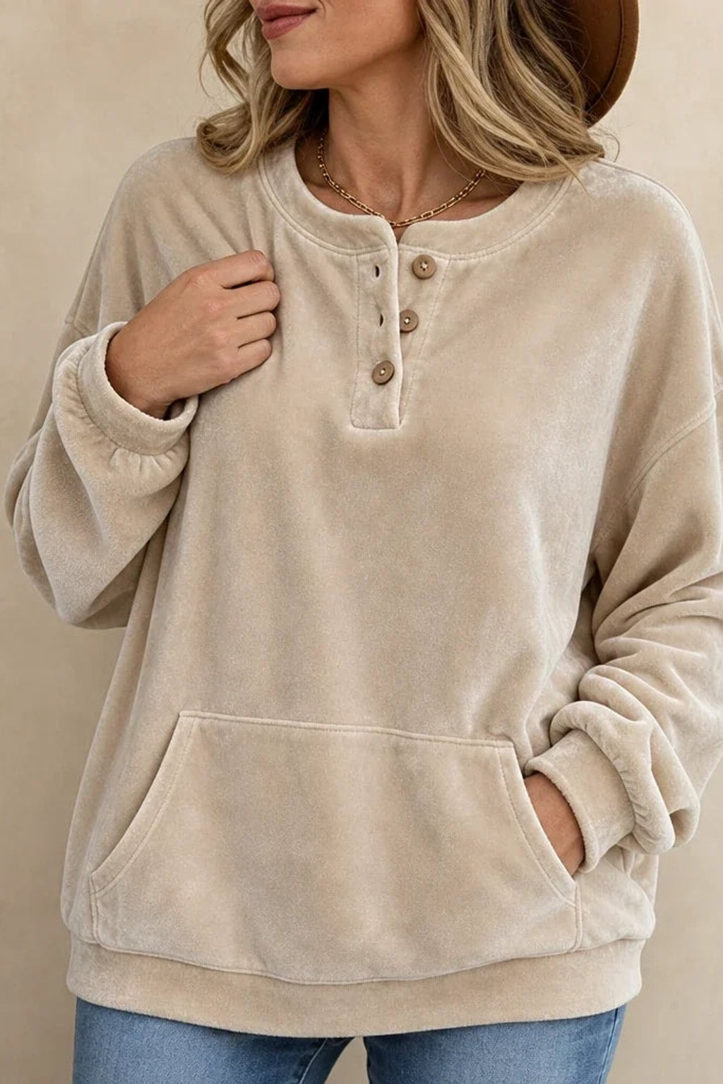 Polyester Velour Hoodie Button Henley Pocket - 1