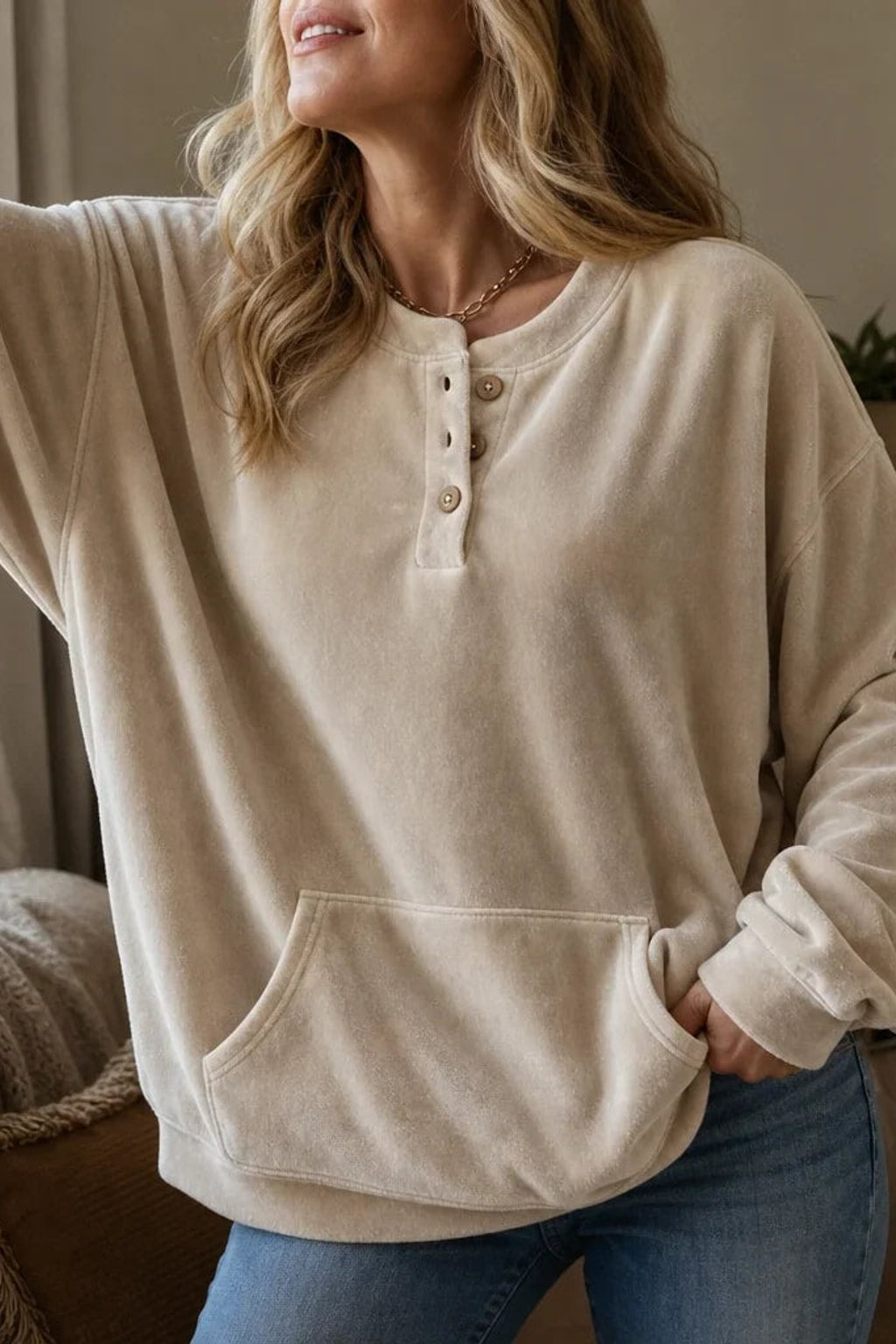 Polyester Velour Hoodie Button Henley Pocket - 3