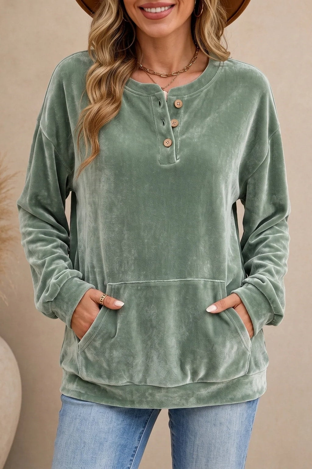 Polyester Velour Hoodie Button Henley Pocket - 5