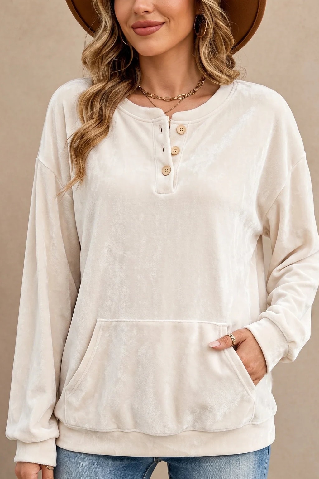 Polyester Velour Hoodie Button Henley Pocket - 6