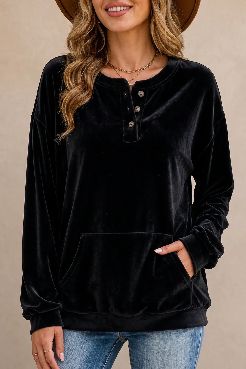Polyester Velour Hoodie Button Henley Pocket - 8