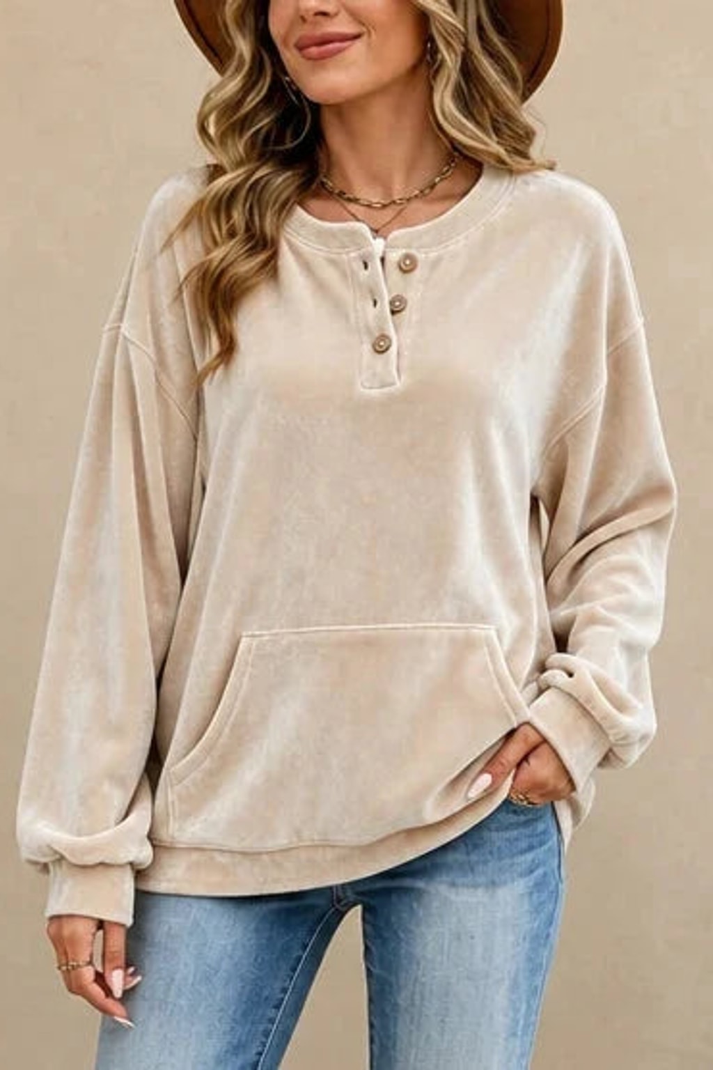 Polyester Velour Hoodie Button Henley Pocket - 2