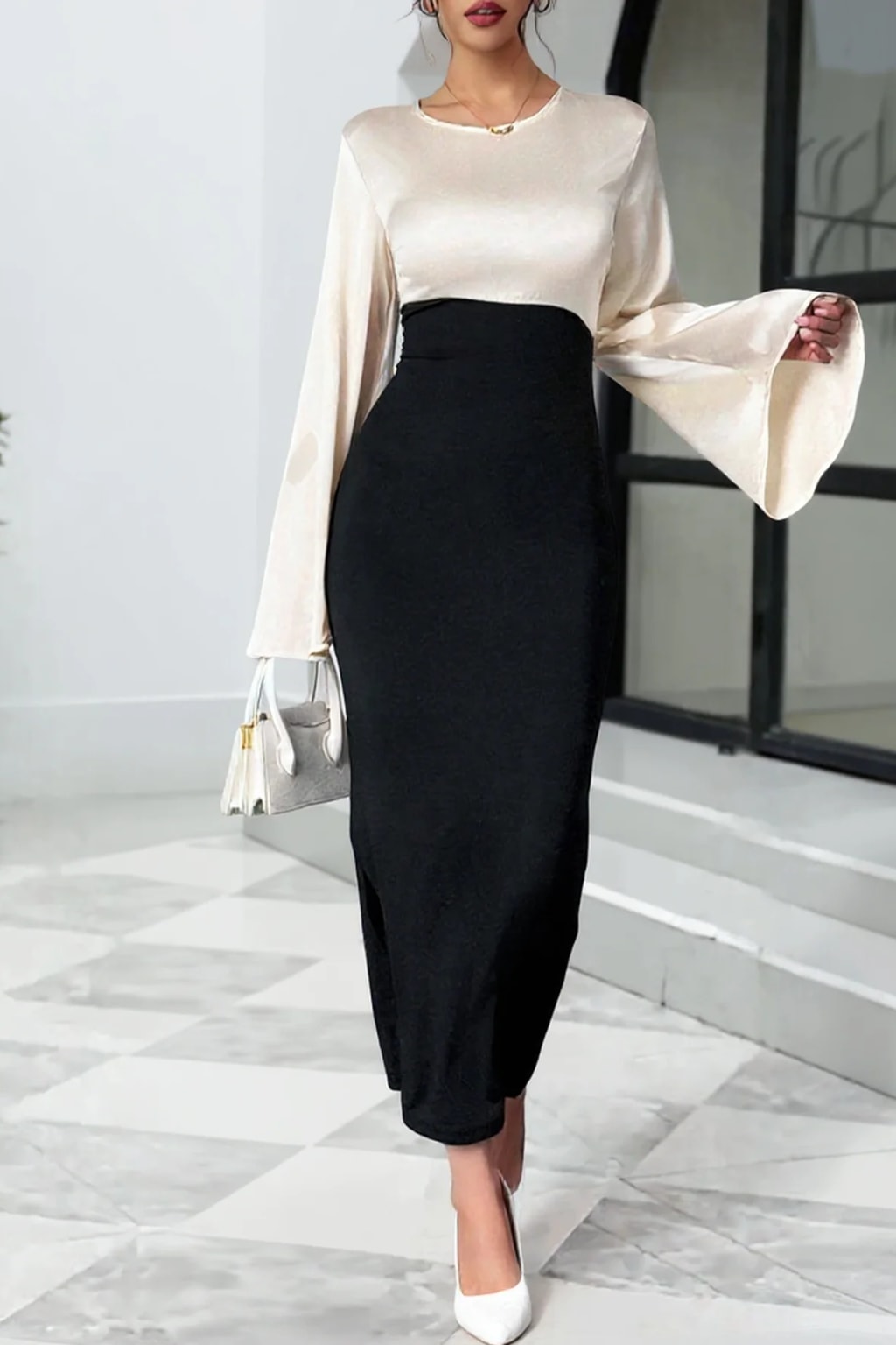 Synthetic Fiber Maxi Dress Bell Sleeve Evening Gown - 6