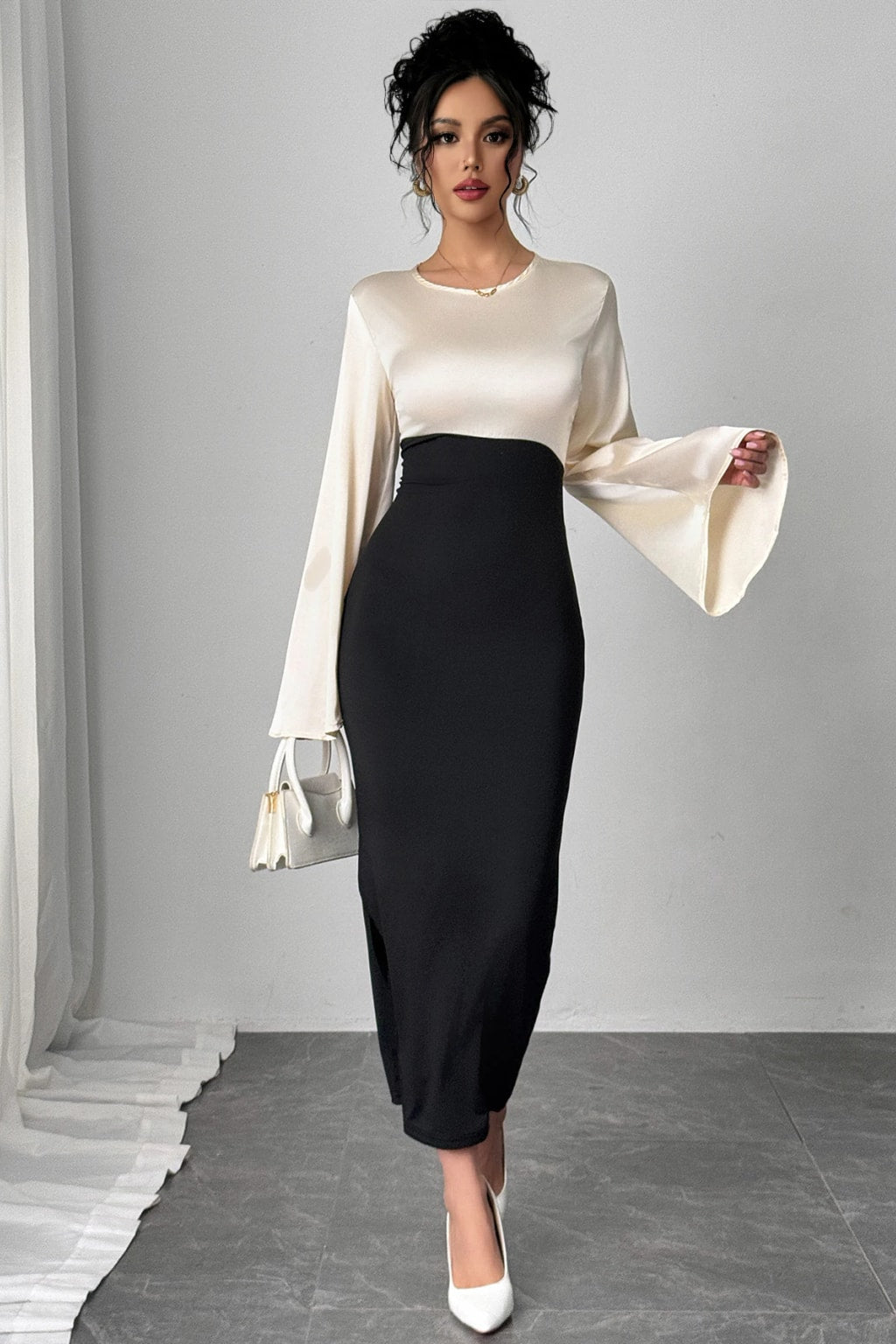 Synthetic Fiber Maxi Dress Bell Sleeve Evening Gown - 5