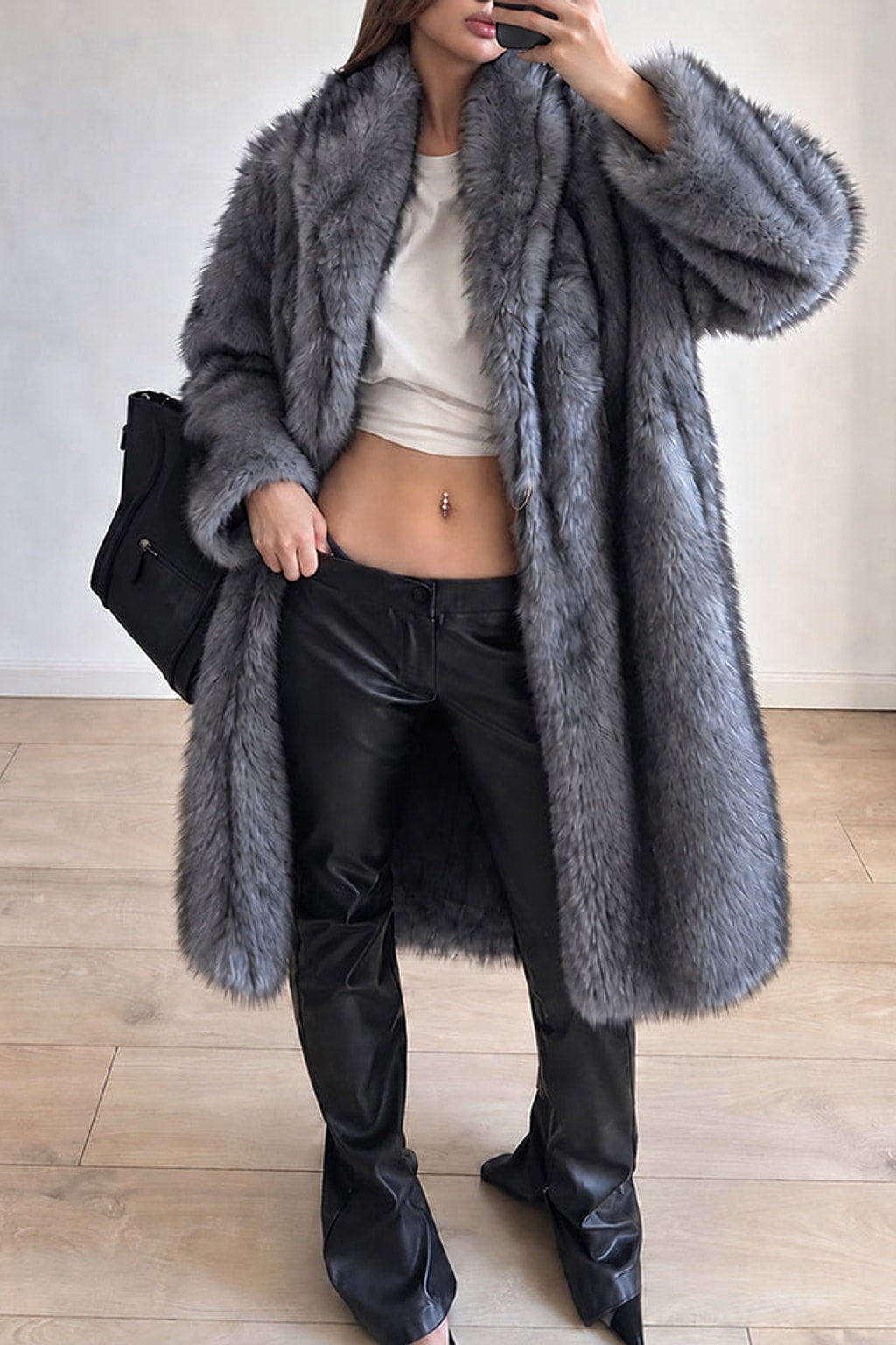 Faux Fur Coat Lapel Collar Open Front Longline Outerwear - 2