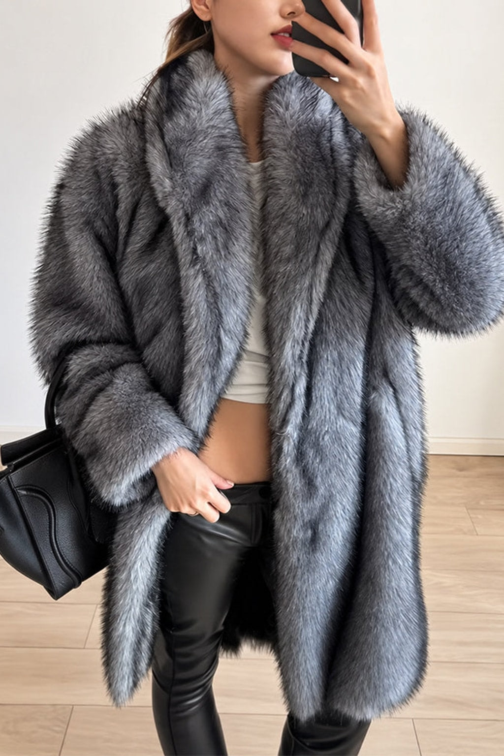 Faux Fur Coat Lapel Collar Open Front Longline Outerwear - 5