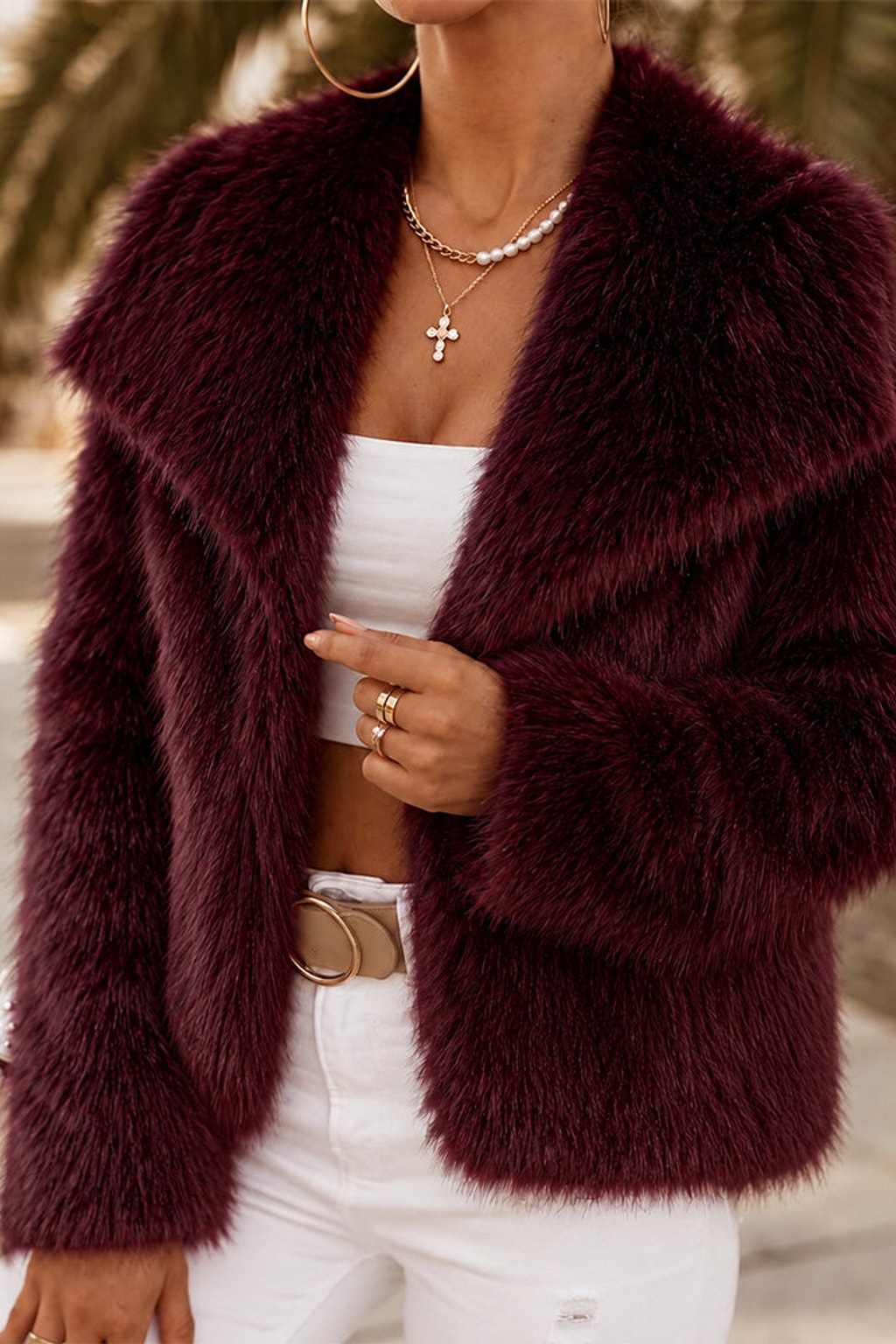 Fleece Coat Cropped Wide Lapel Open Front - 7