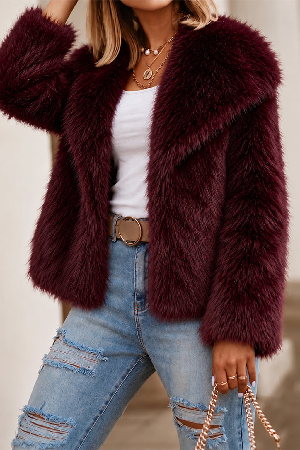 Fleece Coat Cropped Wide Lapel Open Front - 4