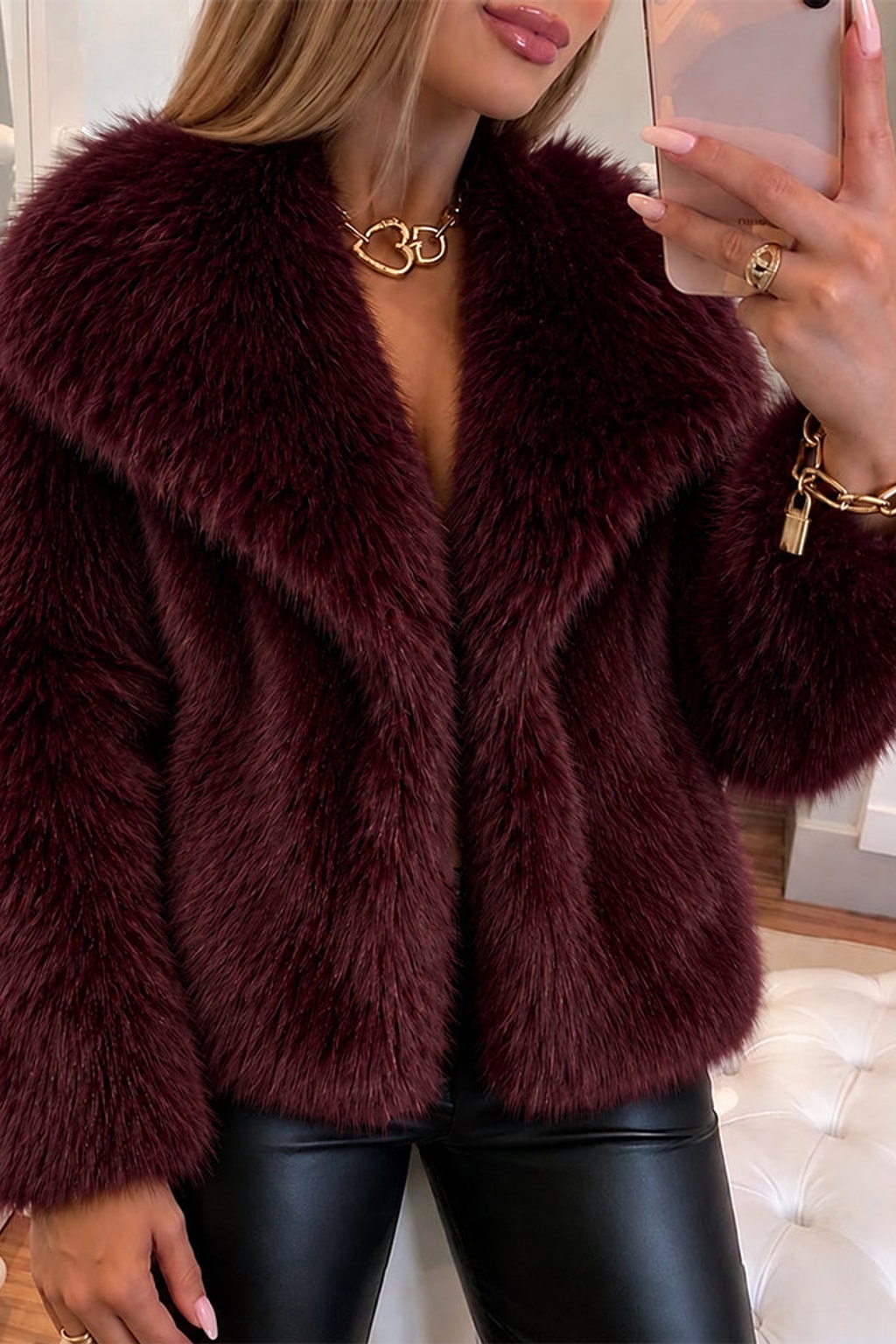 Fleece Coat Cropped Wide Lapel Open Front - 5