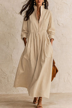 Cotton Maxi Dress Pleated Stand Collar - 2