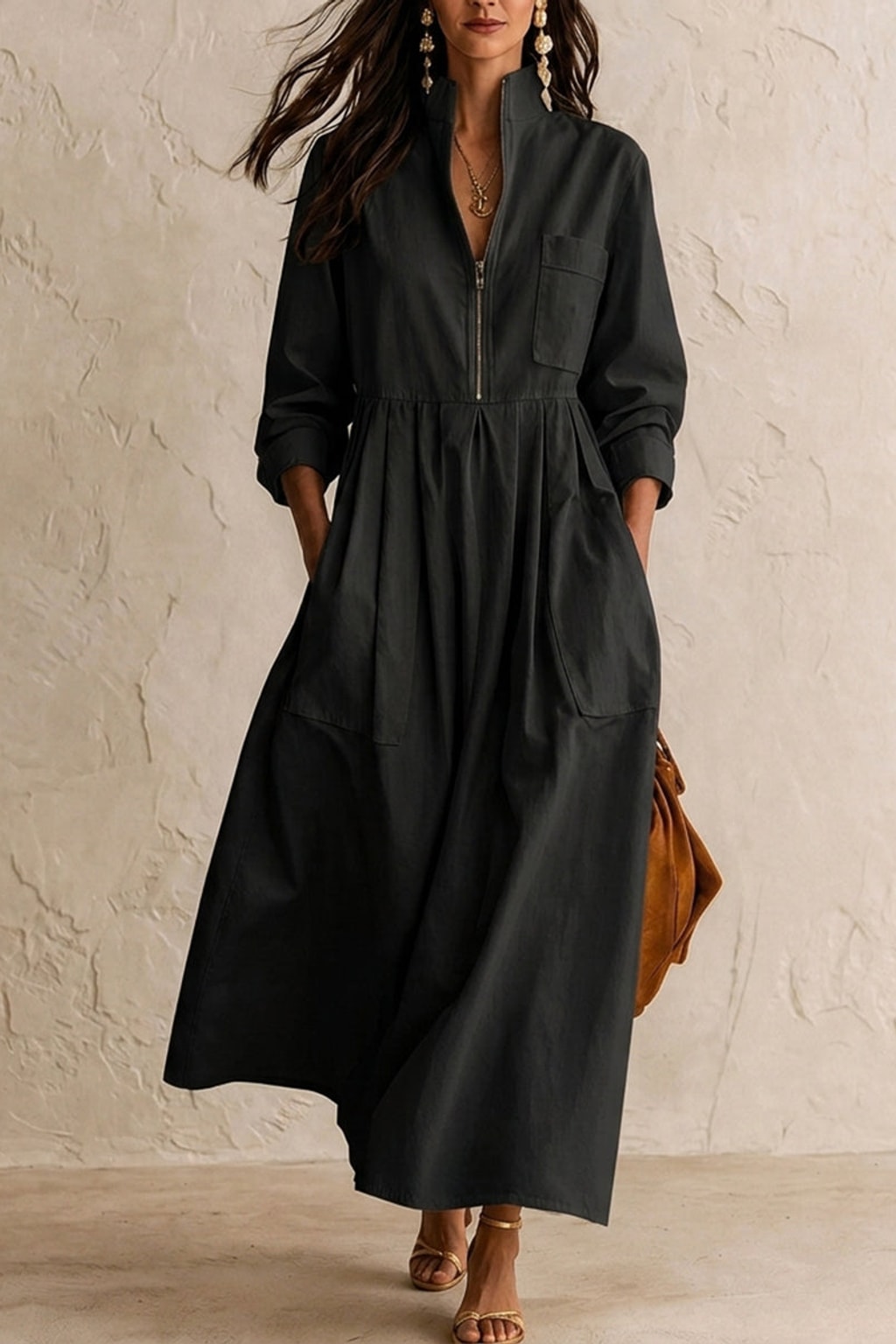 Cotton Maxi Dress Pleated Stand Collar - 4