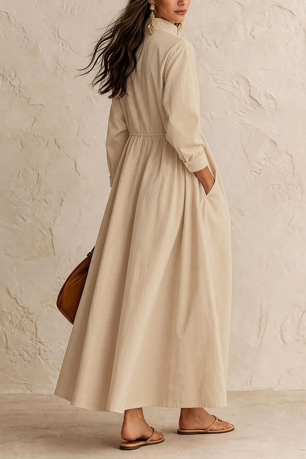 Cotton Maxi Dress Pleated Stand Collar - 3