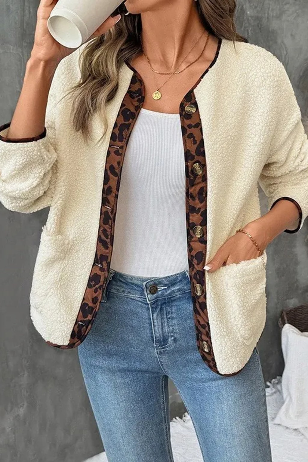 Beige Coat Leopard Print Stitching Open Front Layer - 1