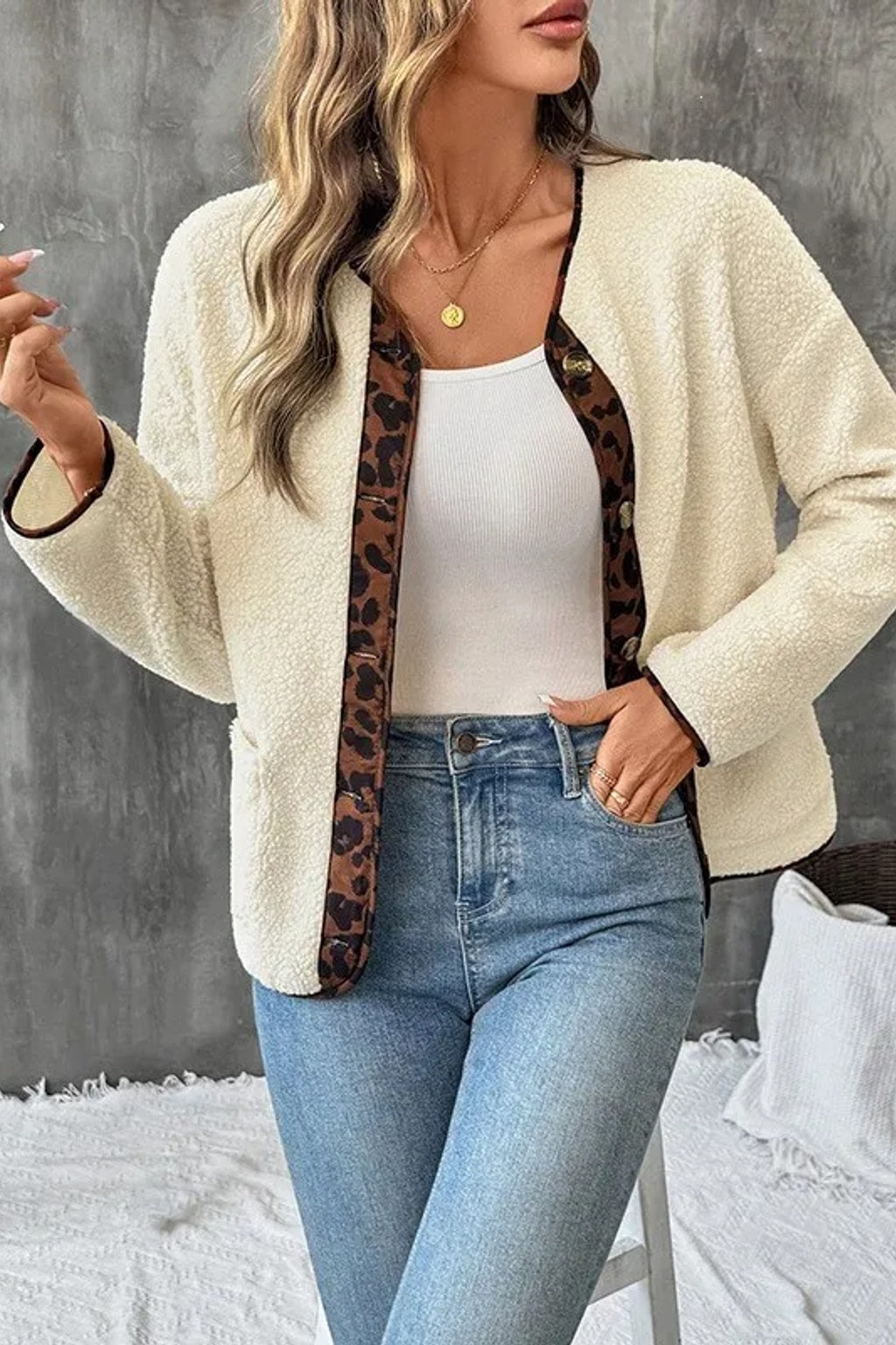 Beige Coat Leopard Print Stitching Open Front Layer - 2