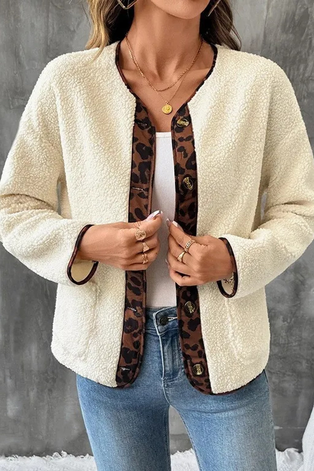 Beige Coat Leopard Print Stitching Open Front Layer - 3