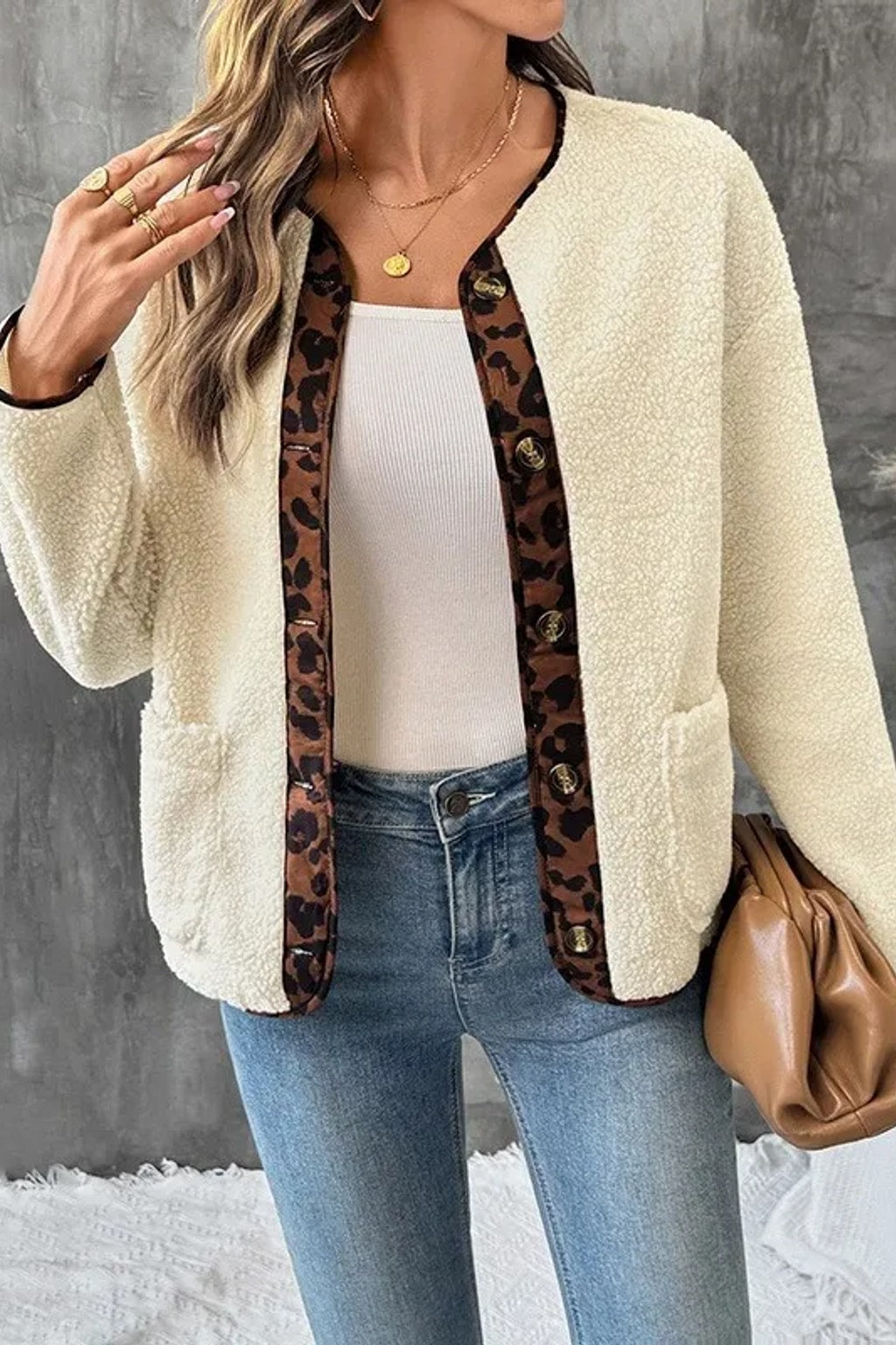 Beige Coat Leopard Print Stitching Open Front Layer - 4
