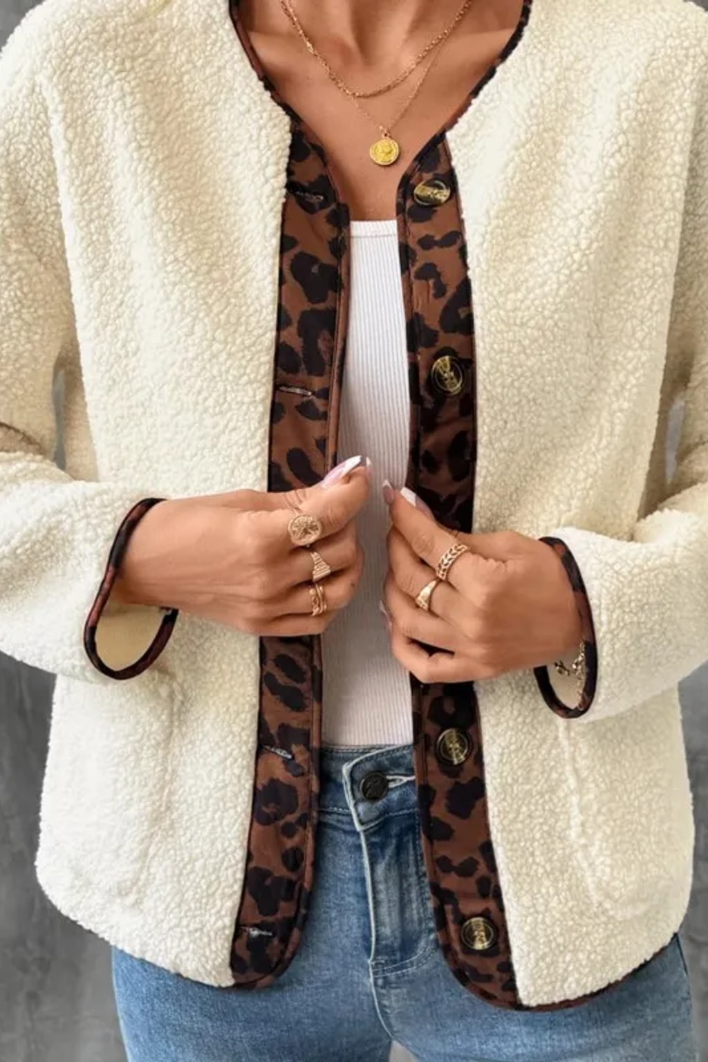 Beige Coat Leopard Print Stitching Open Front Layer - 5