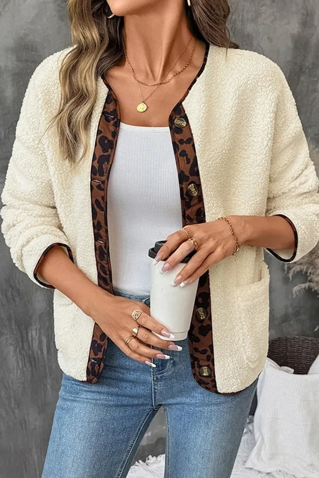 Beige Coat Leopard Print Stitching Open Front Layer - 6