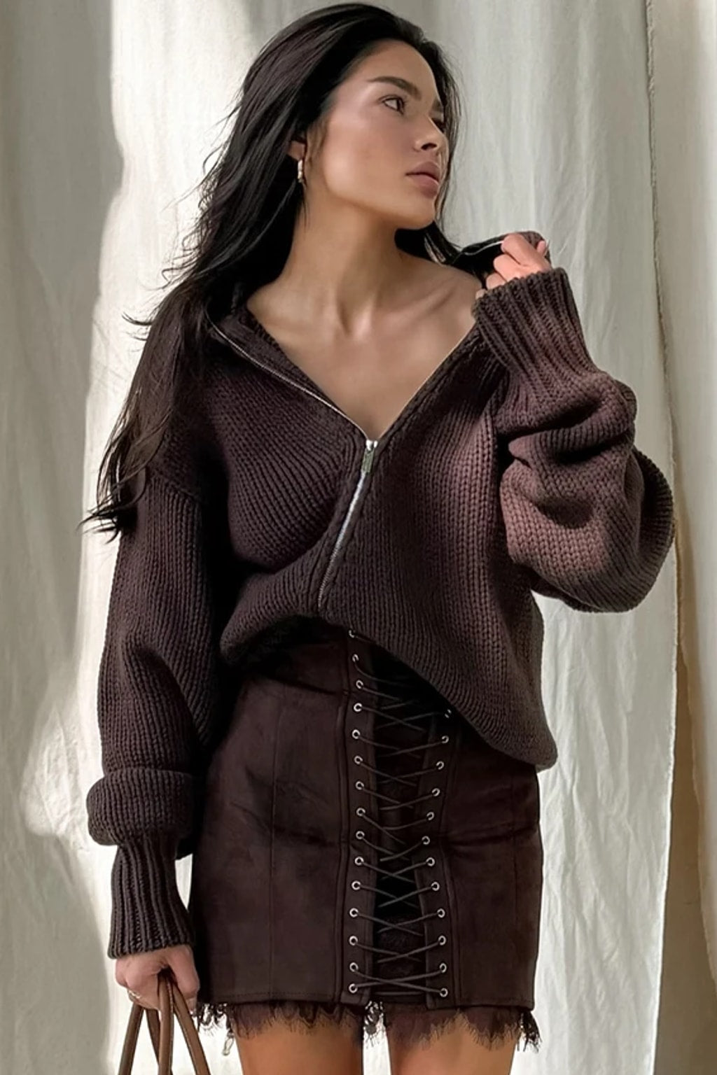 Suede Mini Skirt High Waist Lace Up Front - 5