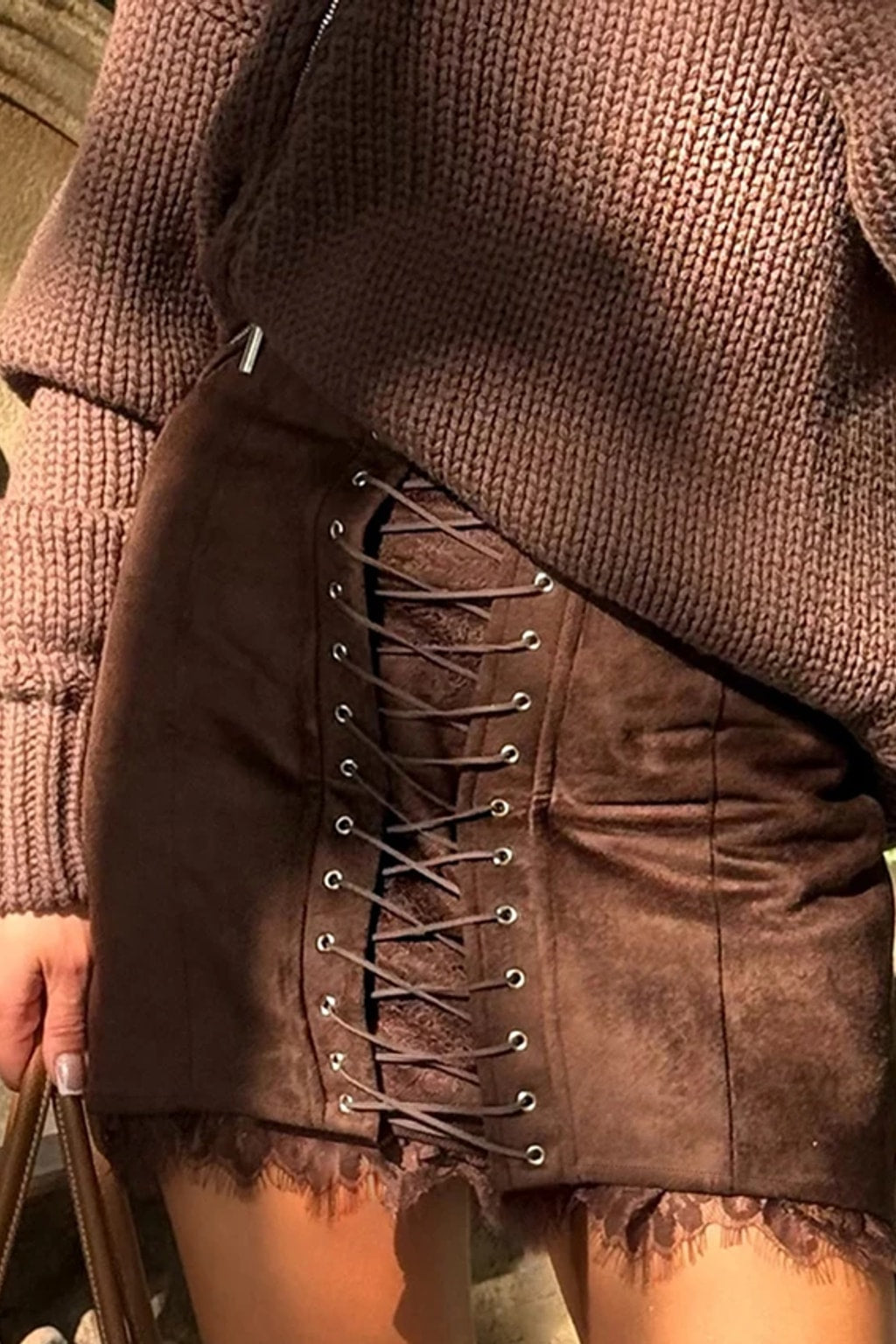 Suede Mini Skirt High Waist Lace Up Front - 4