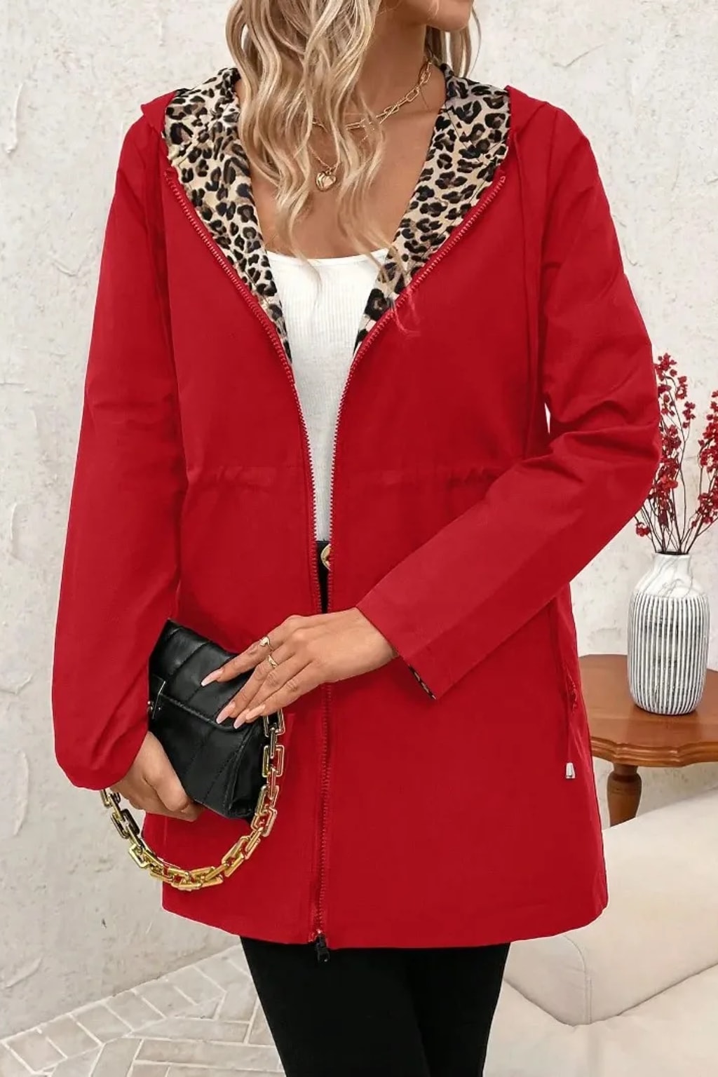 Polyester Jacket Hooded Leopard Print Zipper Long Coat - 5