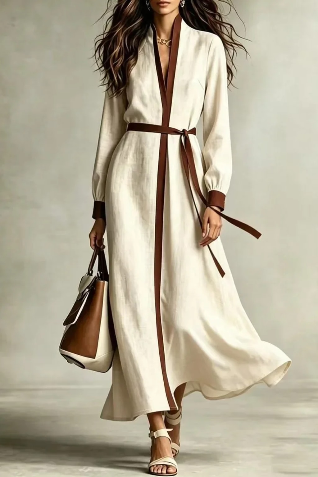 Polyester Maxi Dress V-Neck Tie Waist - 3