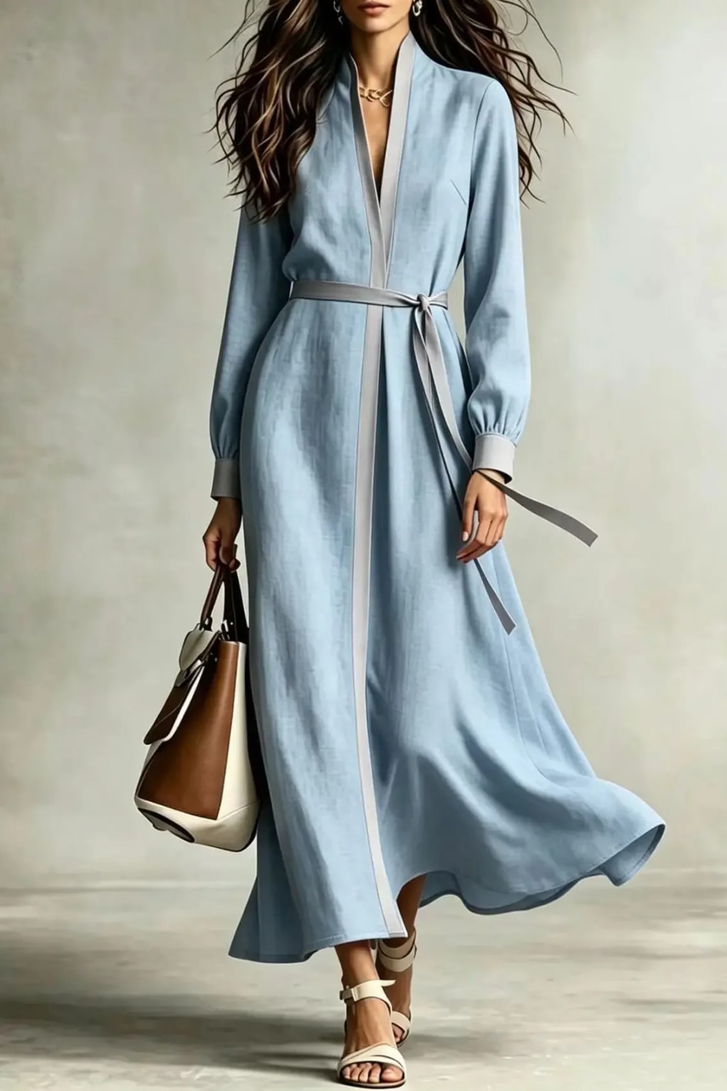 Polyester Maxi Dress V-Neck Tie Waist - 4