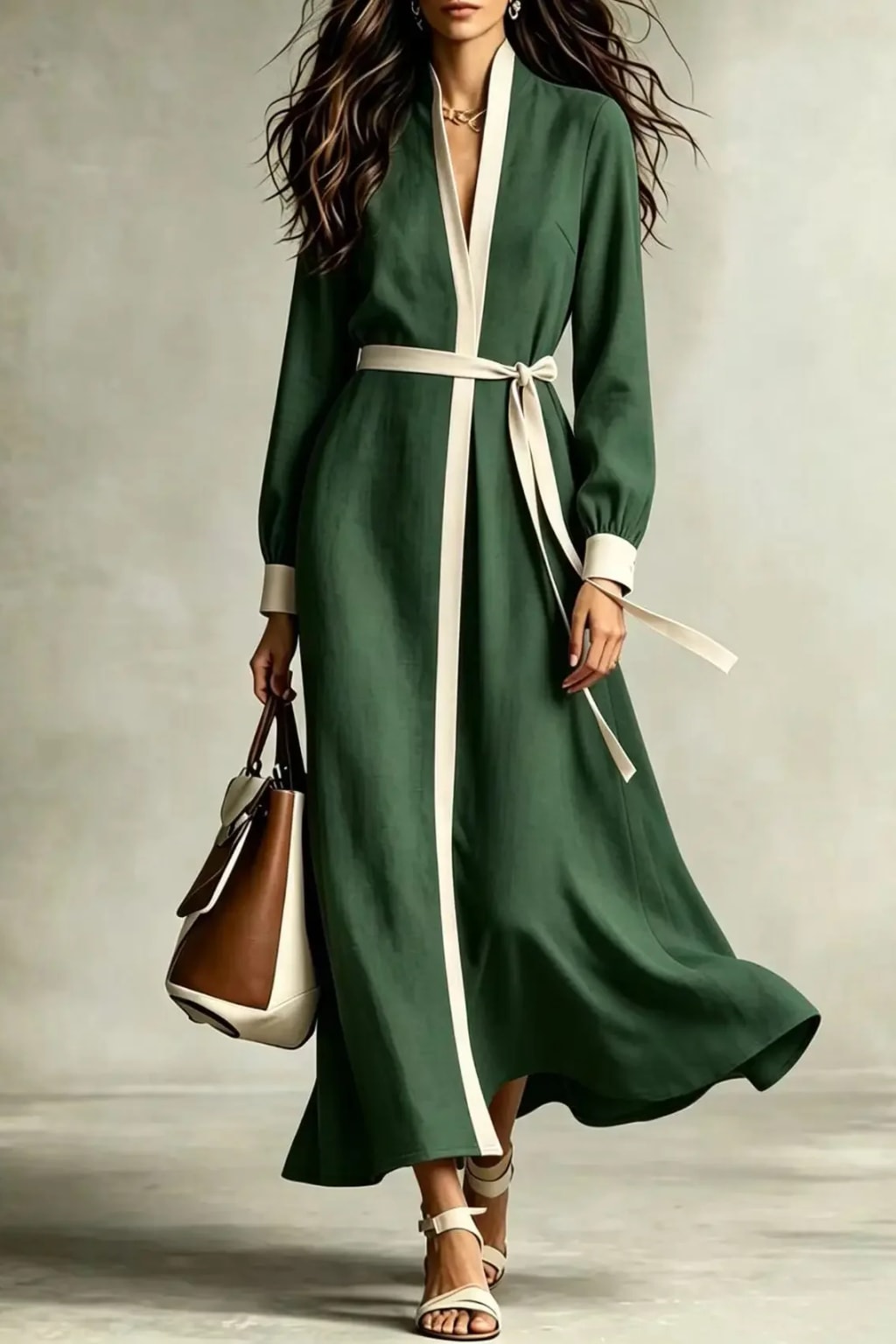 Polyester Maxi Dress V-Neck Tie Waist - 5