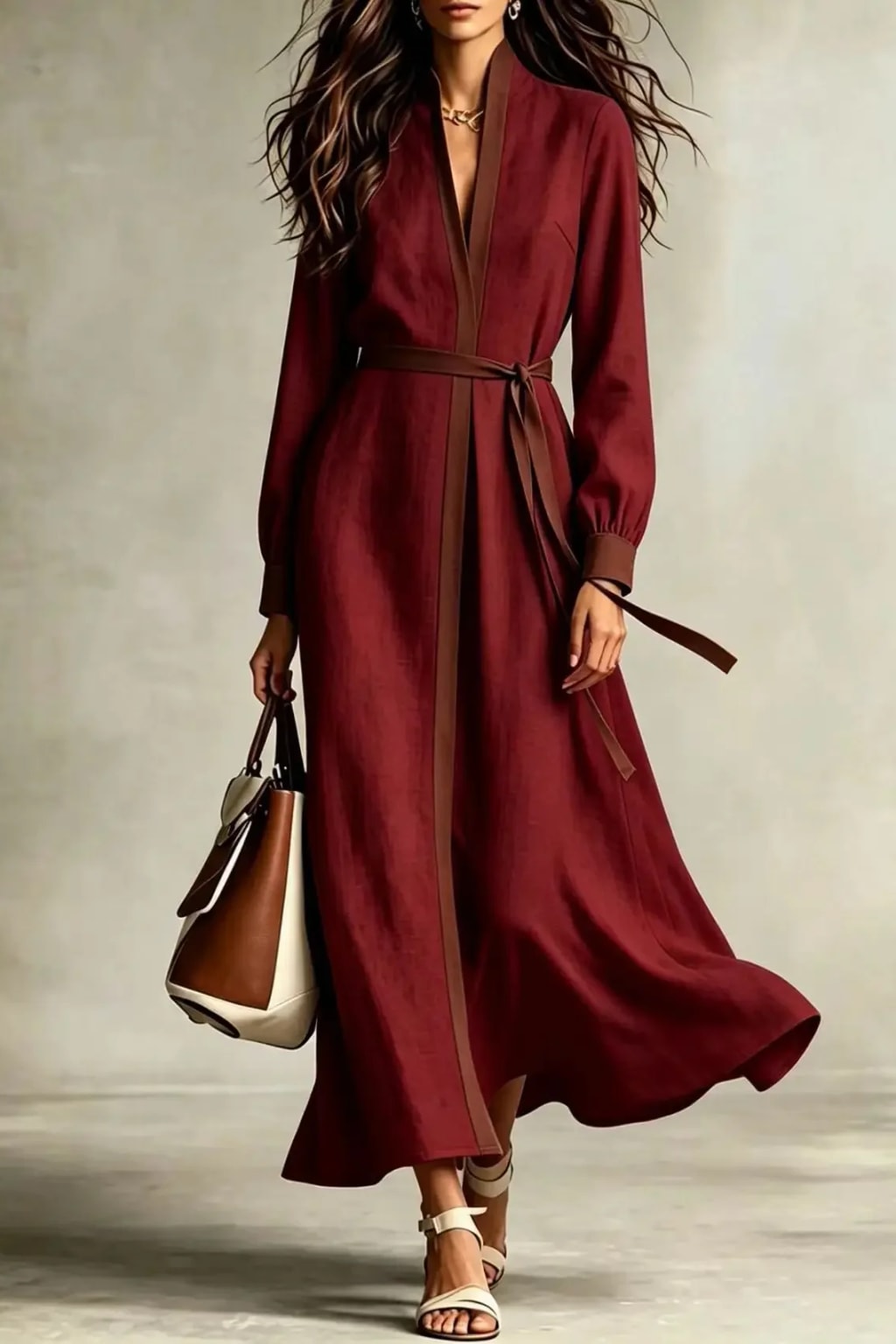Polyester Maxi Dress V-Neck Tie Waist - 6