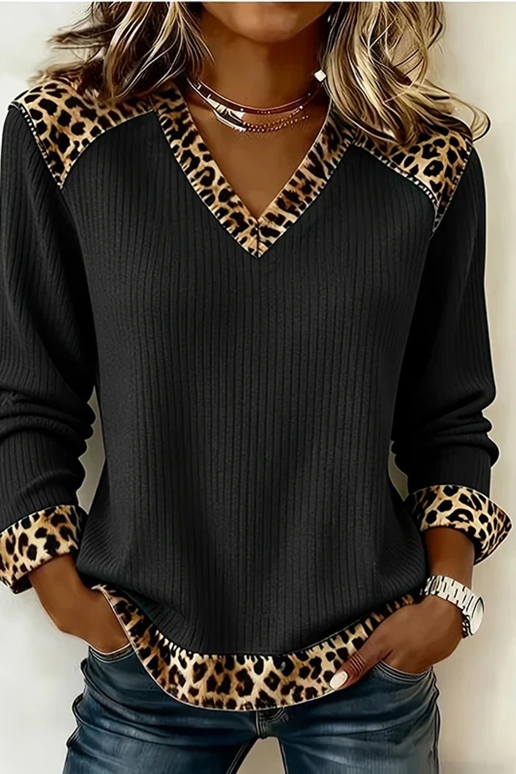 Polyester Pullover T-Shirt V-Neck Leopard Patchwork - 3