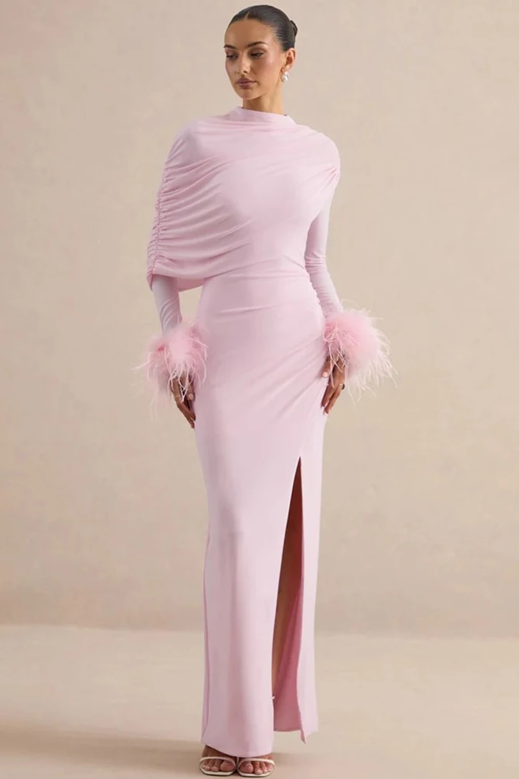 Polyester Maxi Dress With Feather Sleeves And Cape Design - 2
