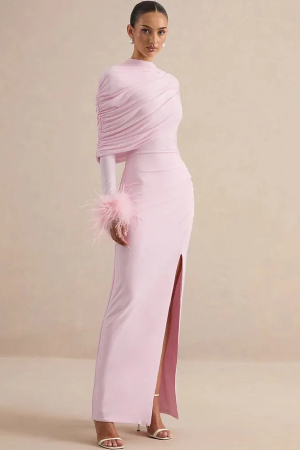 Polyester Maxi Dress With Feather Sleeves And Cape Design - 3