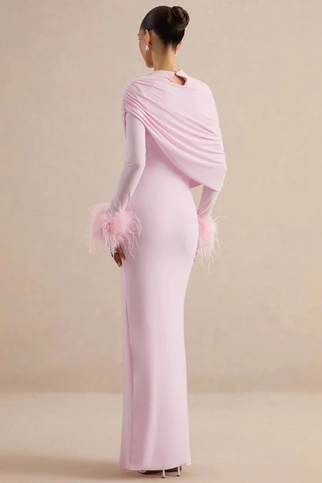 Polyester Maxi Dress With Feather Sleeves And Cape Design - 4