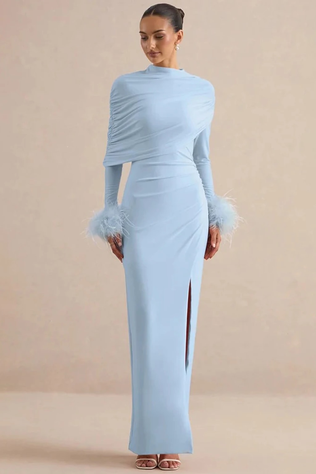 Polyester Maxi Dress With Feather Sleeves And Cape Design - 6