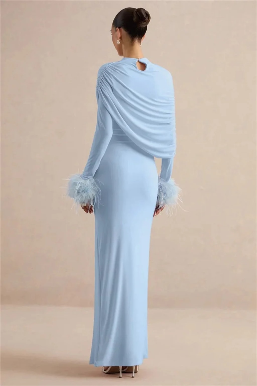 Polyester Maxi Dress With Feather Sleeves And Cape Design - 8