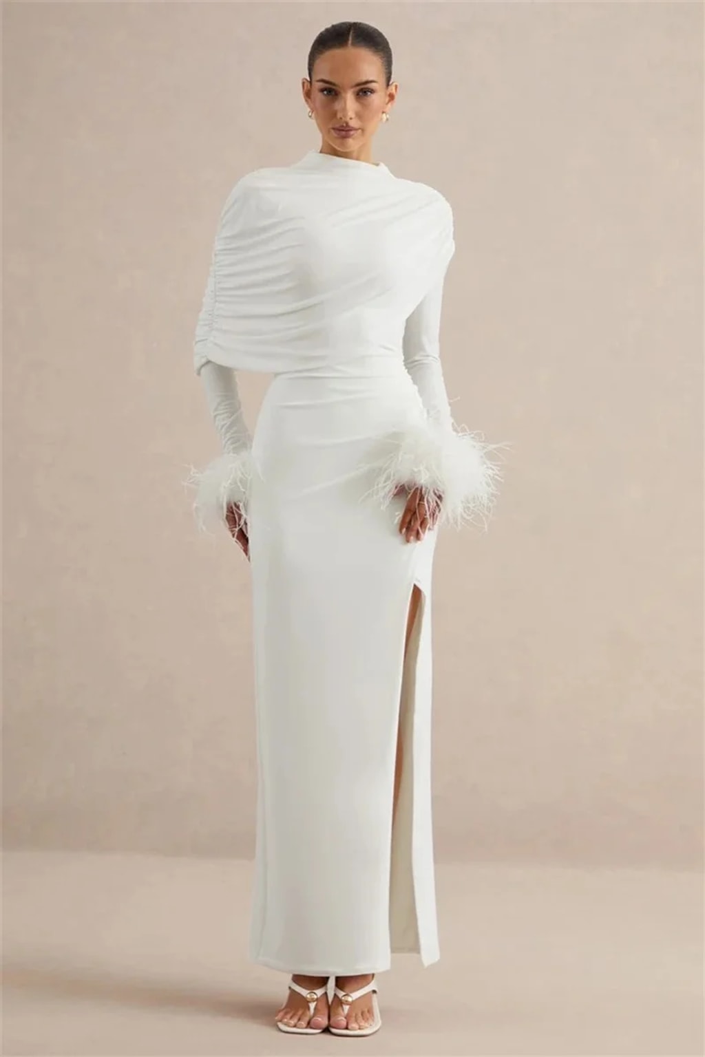 Polyester Maxi Dress With Feather Sleeves And Cape Design - 9