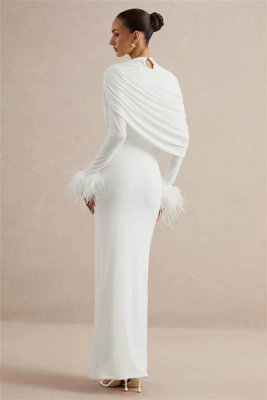 Polyester Maxi Dress With Feather Sleeves And Cape Design - 11