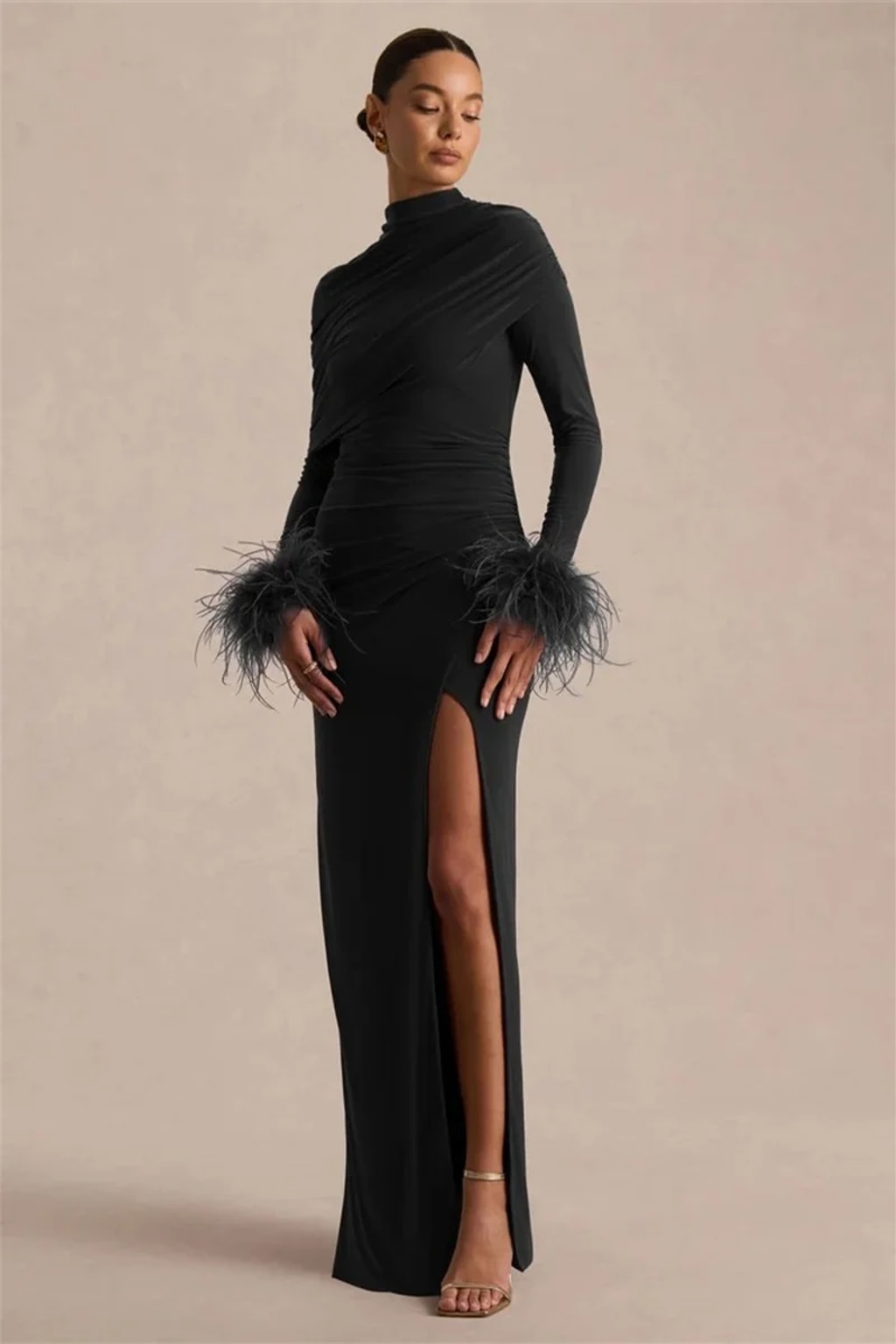 Polyester Maxi Dress With Feather Sleeves And Cape Design - 13