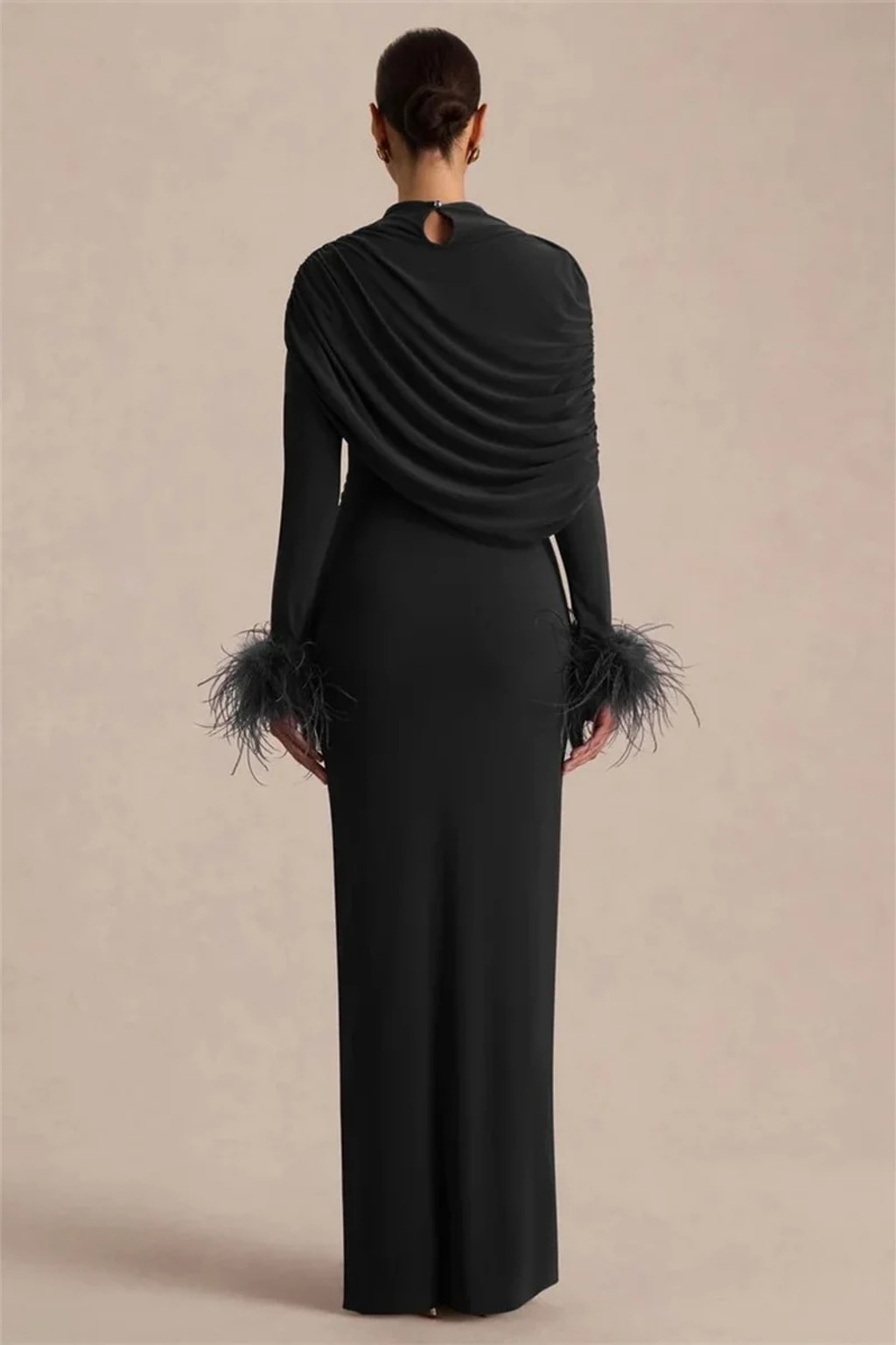 Polyester Maxi Dress With Feather Sleeves And Cape Design - 14