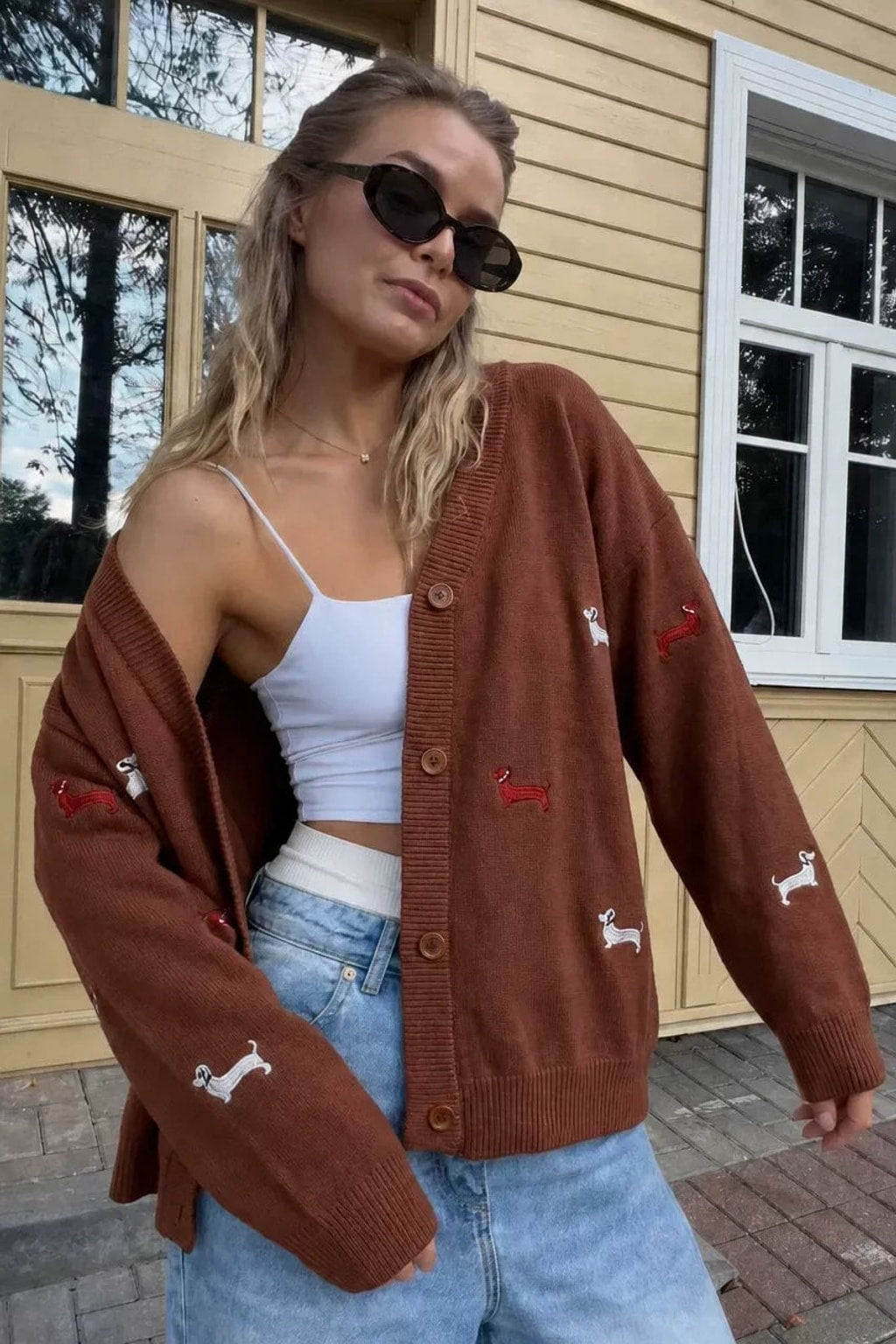 Knit Cardigan Embroidered V-Neck Sweater - 6